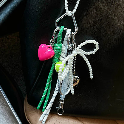 Pearl Charm Keychain with Sports & Heart Pendants – Korean Style
