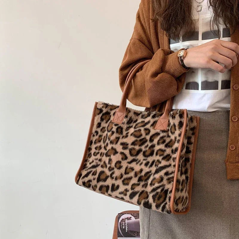 Fluffy Cow Print Tote Bag – Women's Plush Furry Handbag for Winter