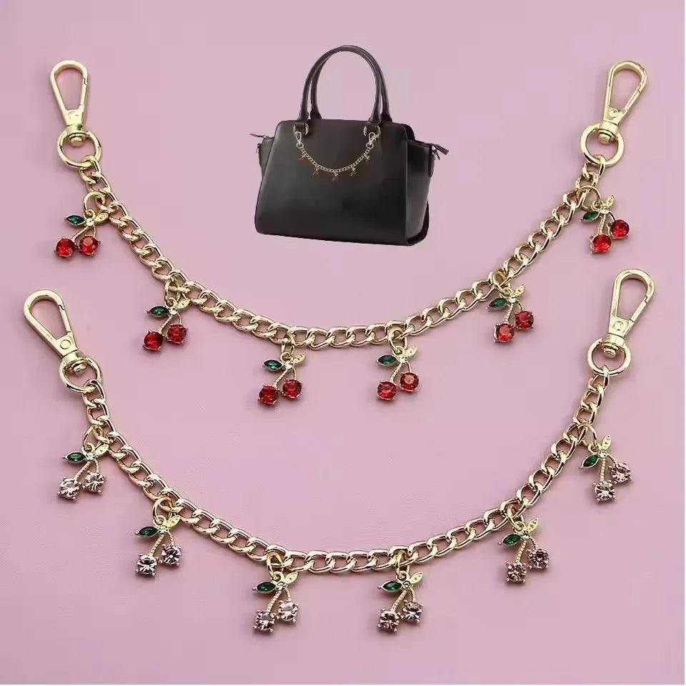Crystal Cherry Bag Charm Chain with Dual Gold Clips