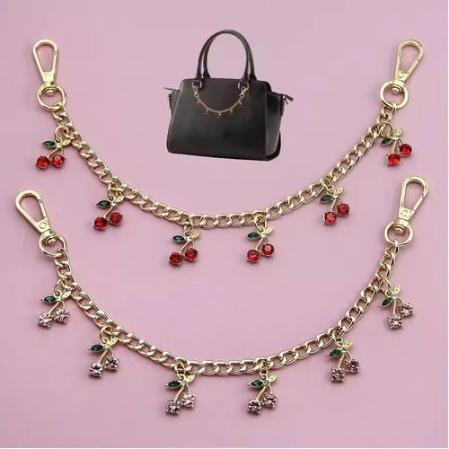 Crystal Cherry Bag Charm Chain with Dual Gold Clips