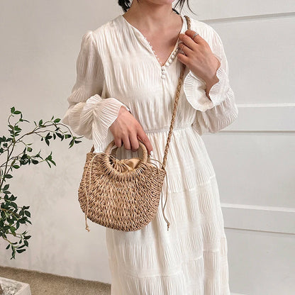 Moods Straw Handbags Women 2023 Mini Summer Beach Rattan Shoulder Bag Round Handle Handmade