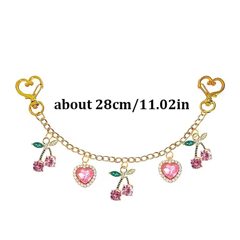 Cherry & Heart Bag Charm – Glass Stone Chain Jewelry Pendant