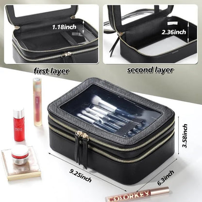 Transparent PVC Window Makeup Bag – PU Leather Travel Cosmetic Organizer