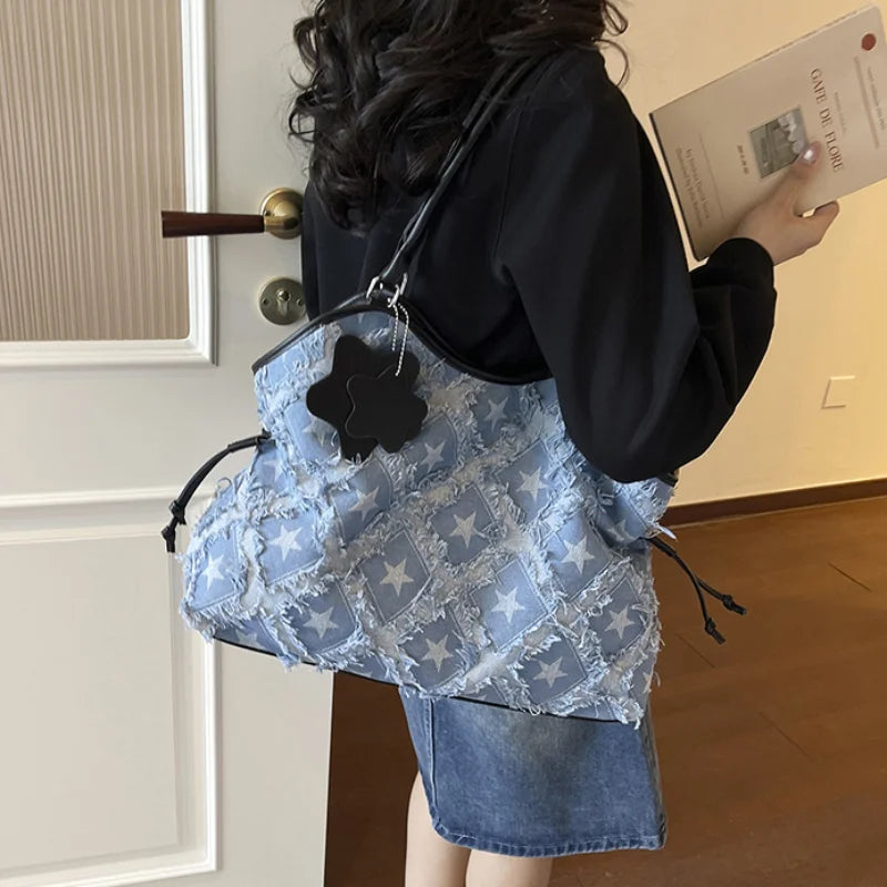 Women's Denim Star Print Hobo Shoulder Bag