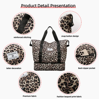 Leopard Print Travel Tote Bag with Bottom Compartment