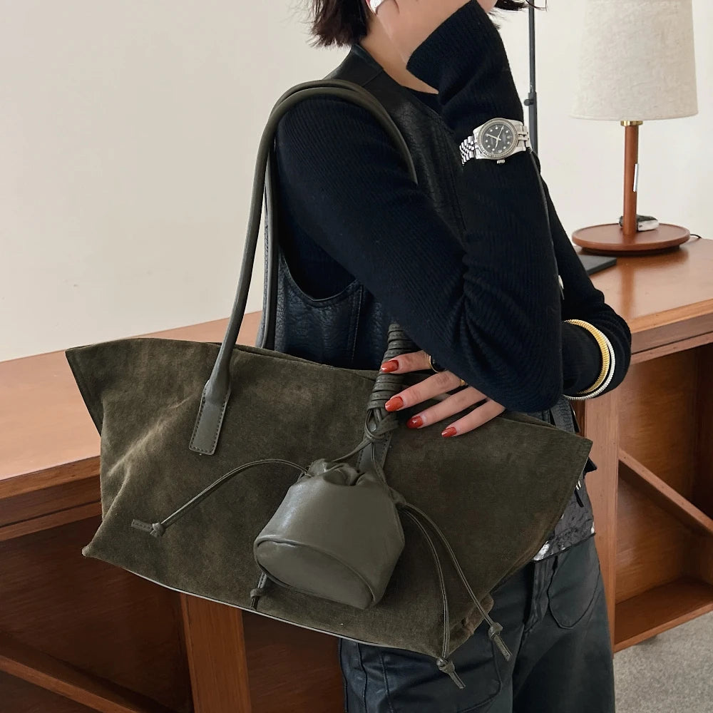 Vintage Large Capacity Suede Tote Bag Designer Trapeze Shoulder Bags Women Luxury Genuine Leather