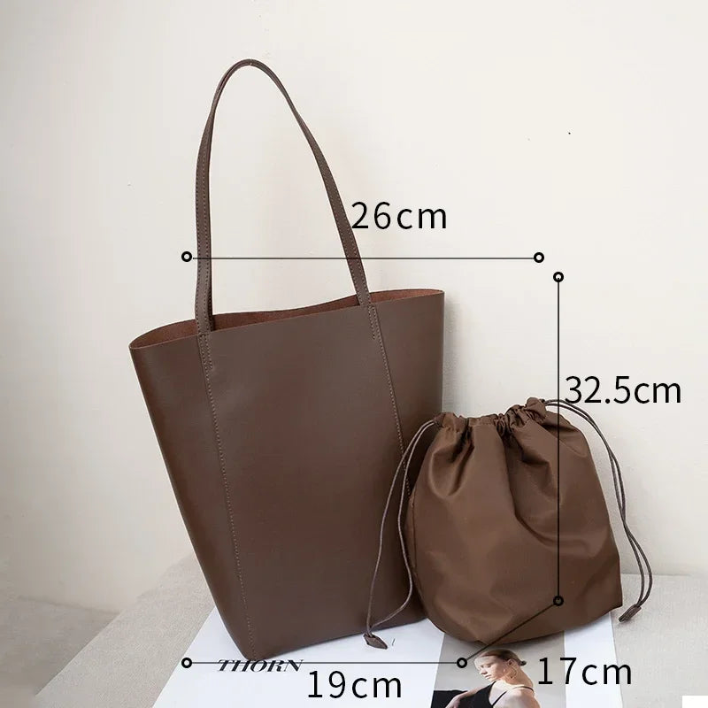 Genuine Leather Bucket Tote Bag for Women – Minimalist Large Capacity Shoulder Bag