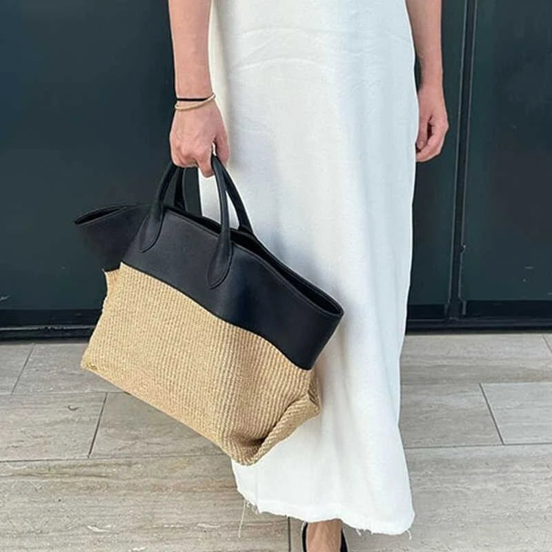 Straw & Leather Contrast Tote Bag – Large Beach Bag for Women