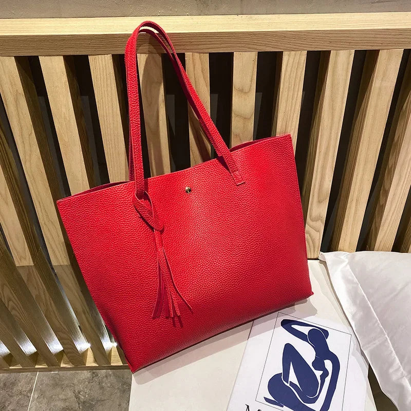 Trend Women Single Shoulder Bag Casual Large Capacity Pu Lychee Pattern Tassel Outdoor Simple Tote