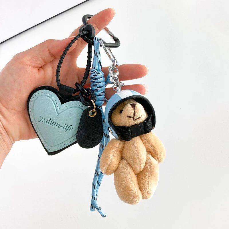 Helmet Bear Keychain Bag Charm with Heart Leather Tag