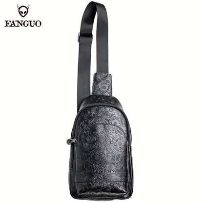 Genuine Leather Chest Bag – Luxury Floral Embossed Sling Backpack for Men