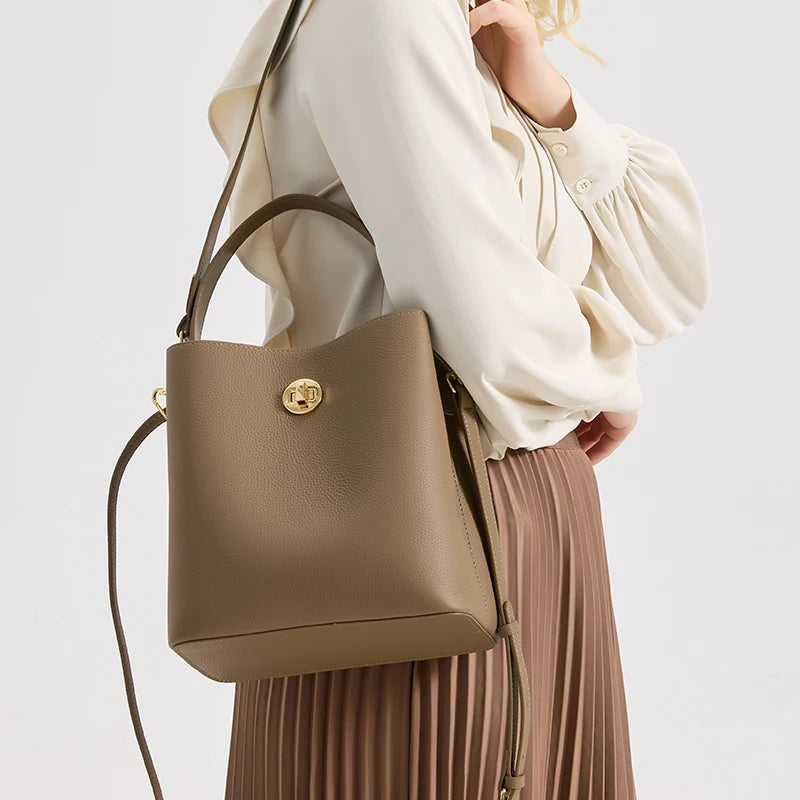 Genuine Leather Bucket Bag – Women's Top Grain Cowhide Tote
