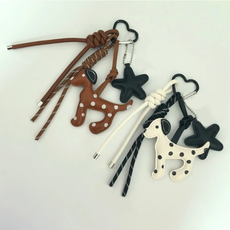 Dalmatian Leather Keychain Bag Charm with Braided Rope Tassel