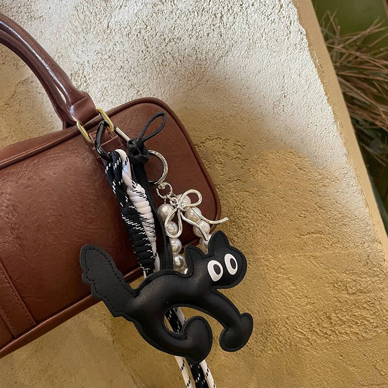Cute Leather Cat Keychain Bag Charm with Pearl Rope