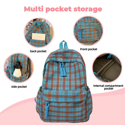 Plaid Nylon Backpack – Large Capacity Student Daypack