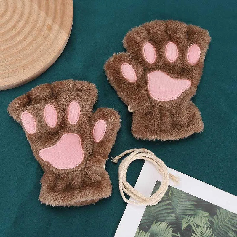 Cat Paw Fingerless Gloves – Cute Fluffy Winter Mittens for Women & Girls
