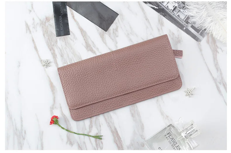 Women's Genuine Leather Long Wallet – Slim Flat Cowhide Purse with Card Slots