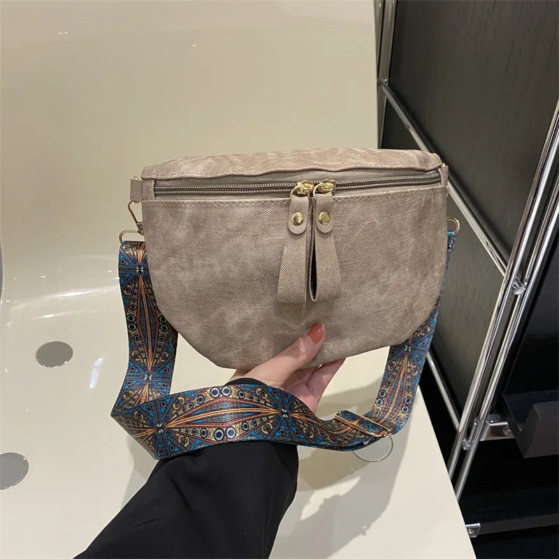 Women's PU Leather Crossbody Bag with Wide Boho Strap