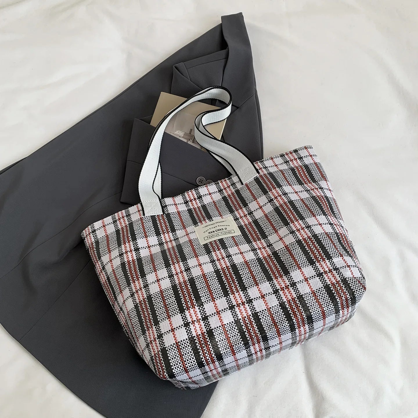 Color Block Plaid Weave Tote Bag Large Capacity Durable Shoulder Multifunctional Woven Mom