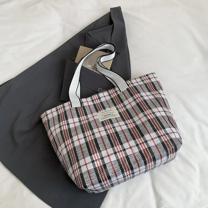 Color Block Plaid Weave Tote Bag Large Capacity Durable Shoulder Multifunctional Woven Mom