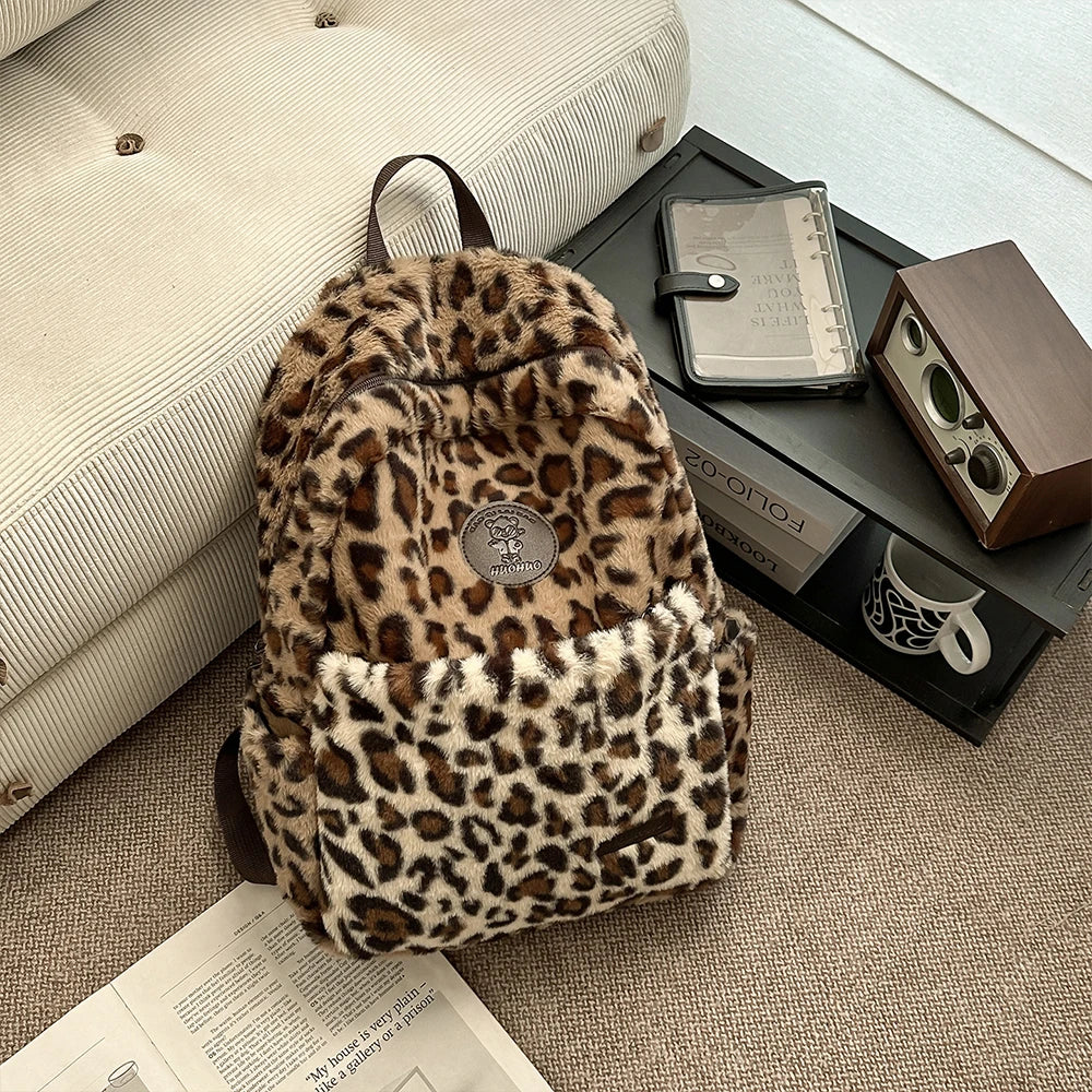 Leopard Print Plush Patchwork Backpack – Japanese Style Daypack