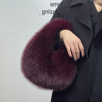 Fluffy Faux Fur Half Moon Bag – Women's Luxury Small Tote