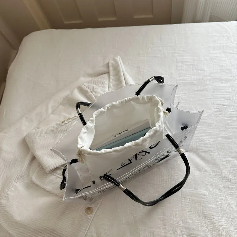 Transparent Pvc Jelly Tote Bag Inner Pouch Graffiti Letter Print Large Capacity Shoulder Summer