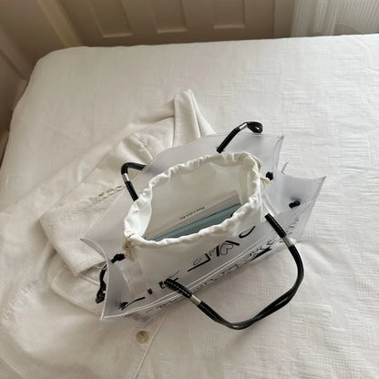 Transparent Pvc Jelly Tote Bag Inner Pouch Graffiti Letter Print Large Capacity Shoulder Summer