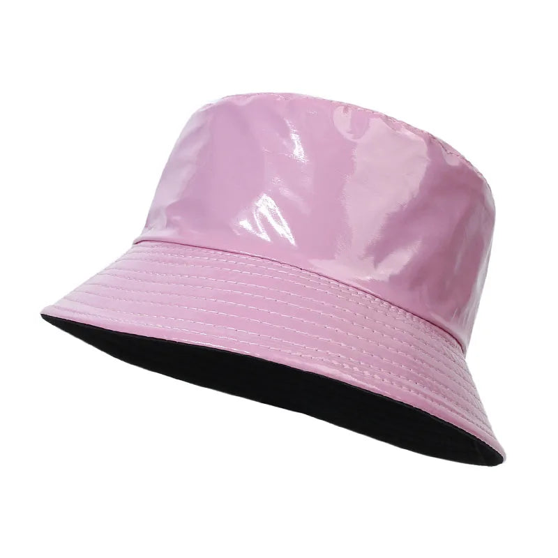 Shiny PU Leather Bucket Hat – Unisex Waterproof Cap