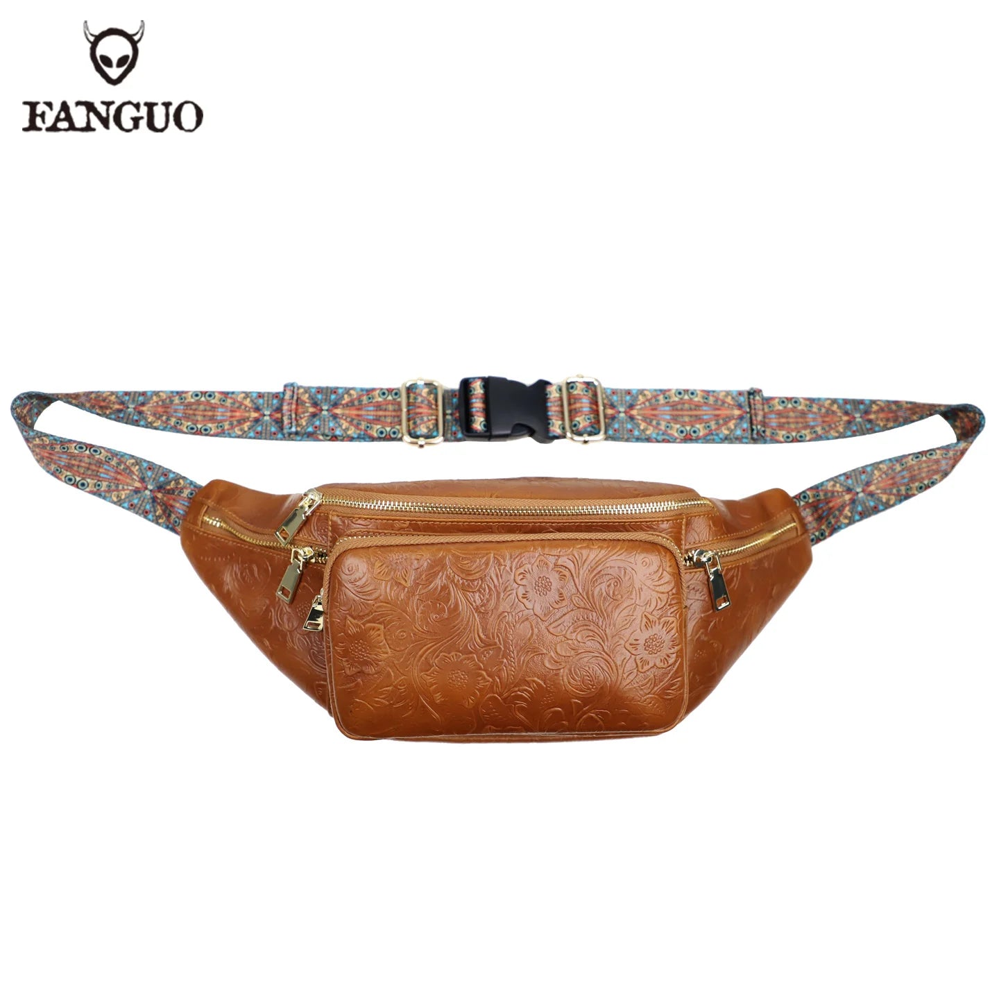 Genuine Leather Fanny Pack for Men – Floral Embossed Travel Waist Bag