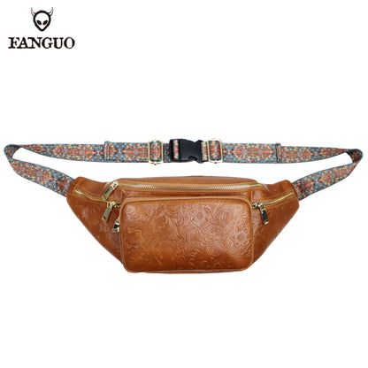 Genuine Leather Fanny Pack for Men – Floral Embossed Travel Waist Bag