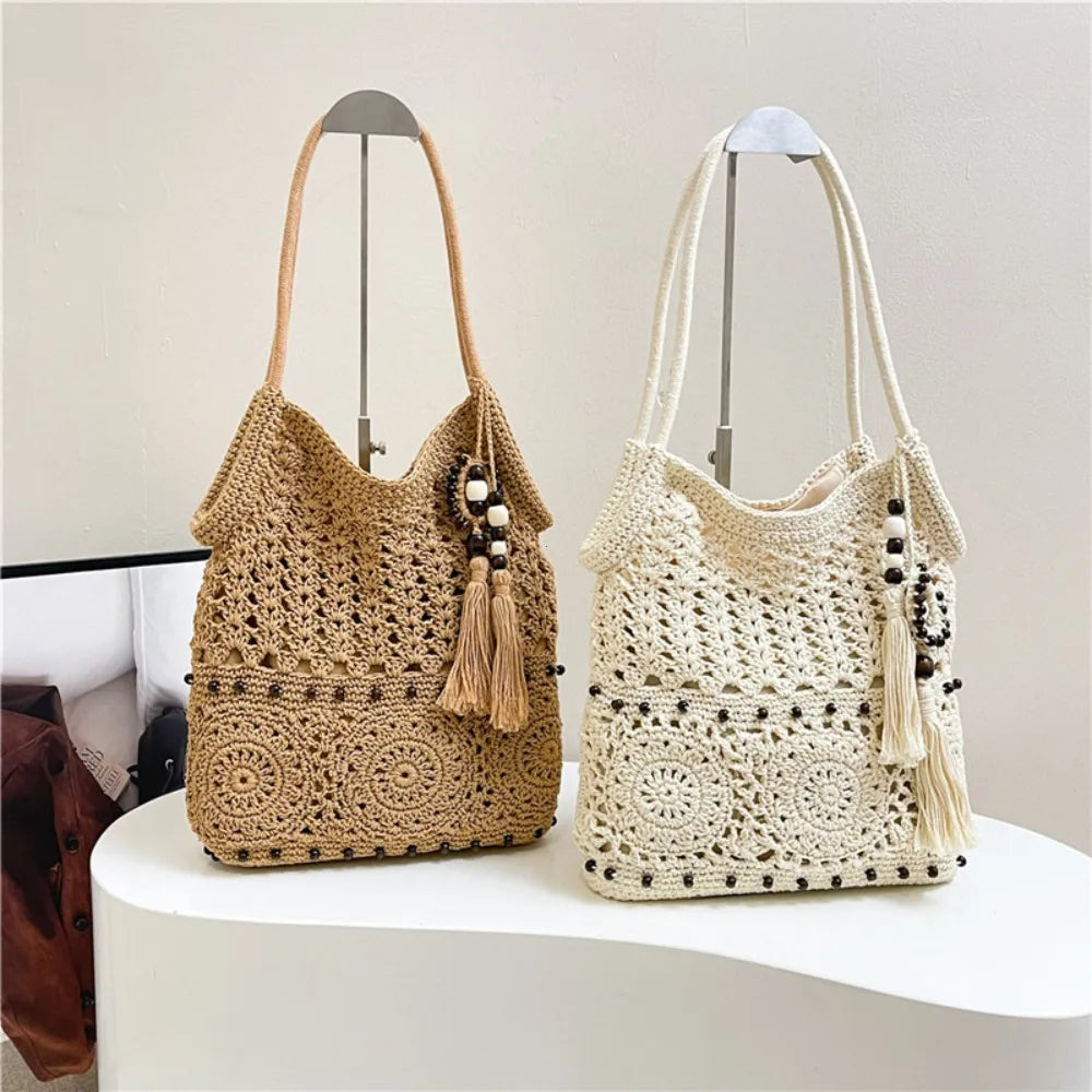 Crochet Tote Bag – Boho Beach Bag with Tassel, Beads & Adjustable Strap