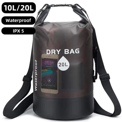 Waterproof PVC Dry Bag 10L/20L – Clear Roll-Top Shoulder Bag for Kayaking & Swimming