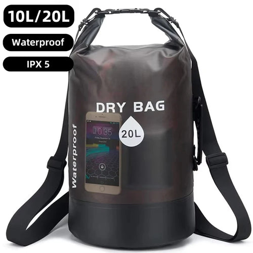 Waterproof PVC Dry Bag 10L/20L – Clear Roll-Top Shoulder Bag for Kayaking & Swimming