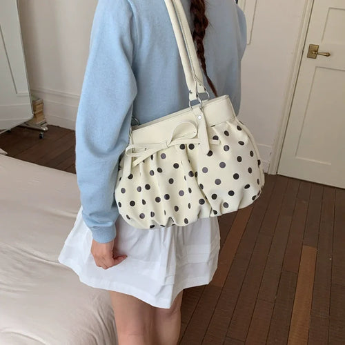 Polka Dot Ruched Shoulder Bag Star Pendant Women Bow Decor Large Capacity Hobo Retro Versatile