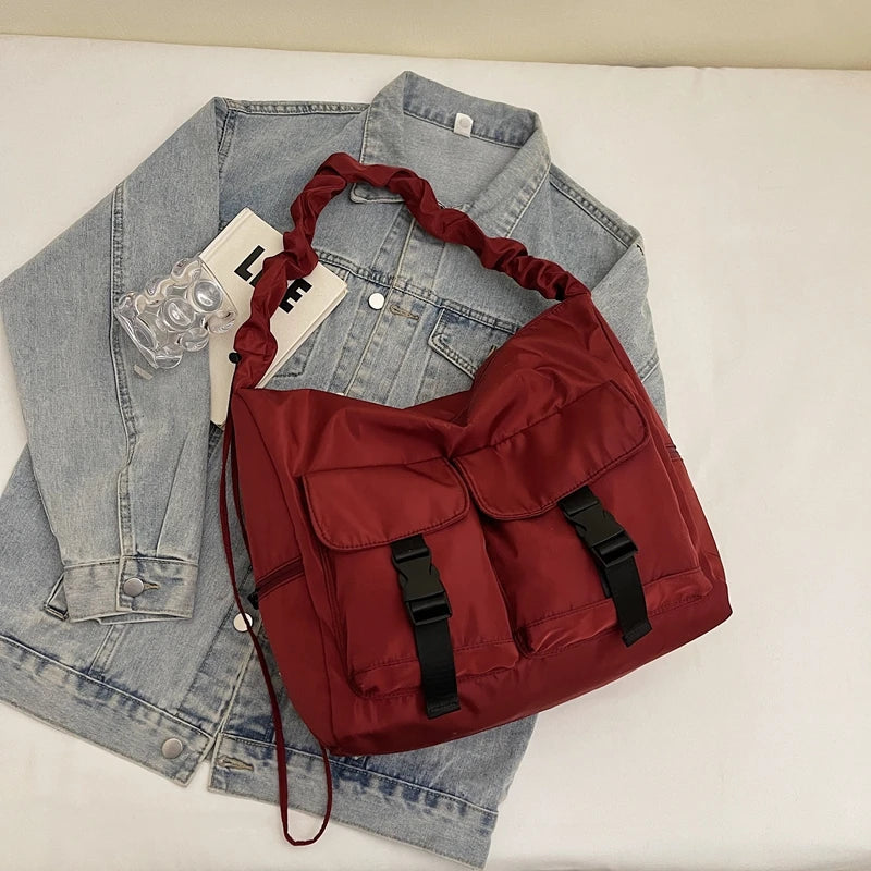 Moods Pleated Design Crossbody Bags Girls Nylon Fabric Multi Pockets Large Capacity Messenger Bag