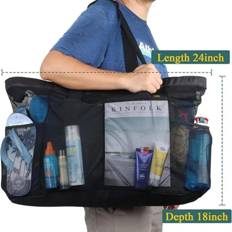 Extra Large Mesh Beach Bag with Zipper & Side Pockets