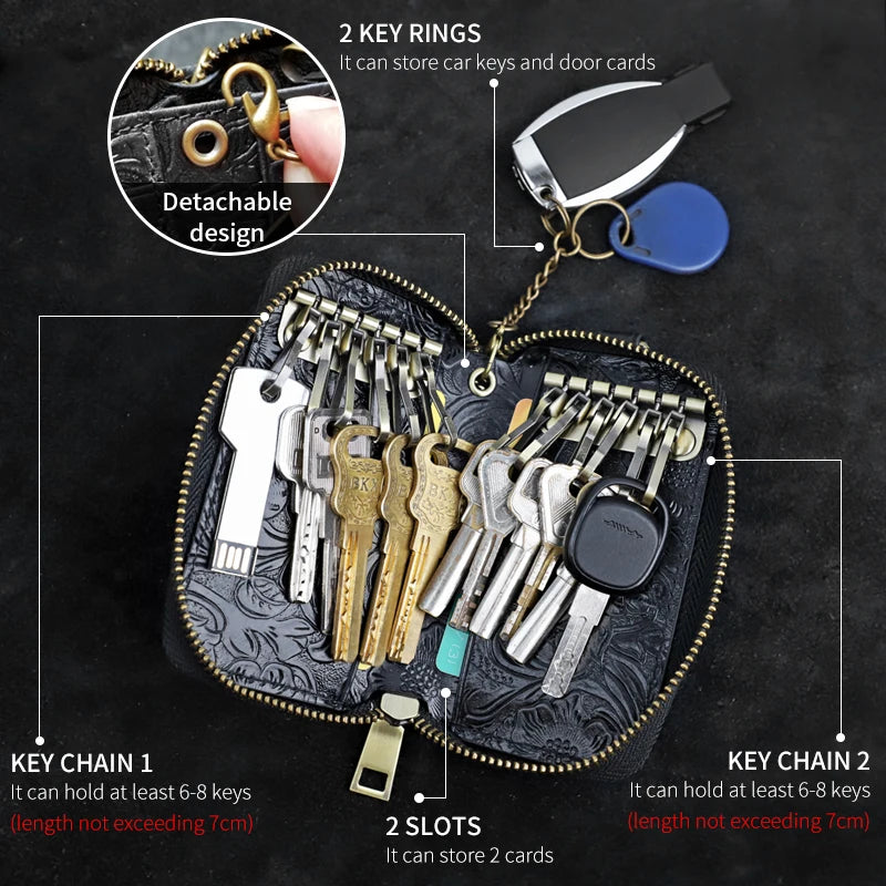 Genuine Leather Key Wallet – Floral Embossed Zipper Pouch with Card & Coin Slots