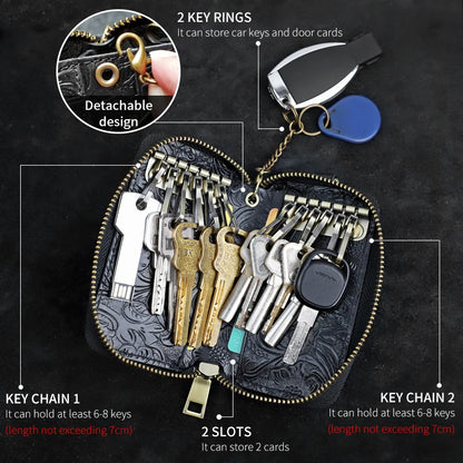 Genuine Leather Key Wallet – Floral Embossed Zipper Pouch with Card & Coin Slots