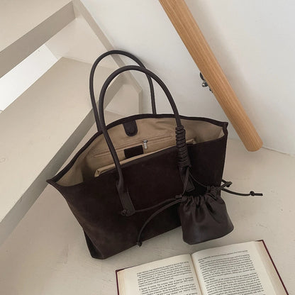 Vintage Large Capacity Suede Tote Bag Designer Trapeze Shoulder Bags Women Luxury Genuine Leather