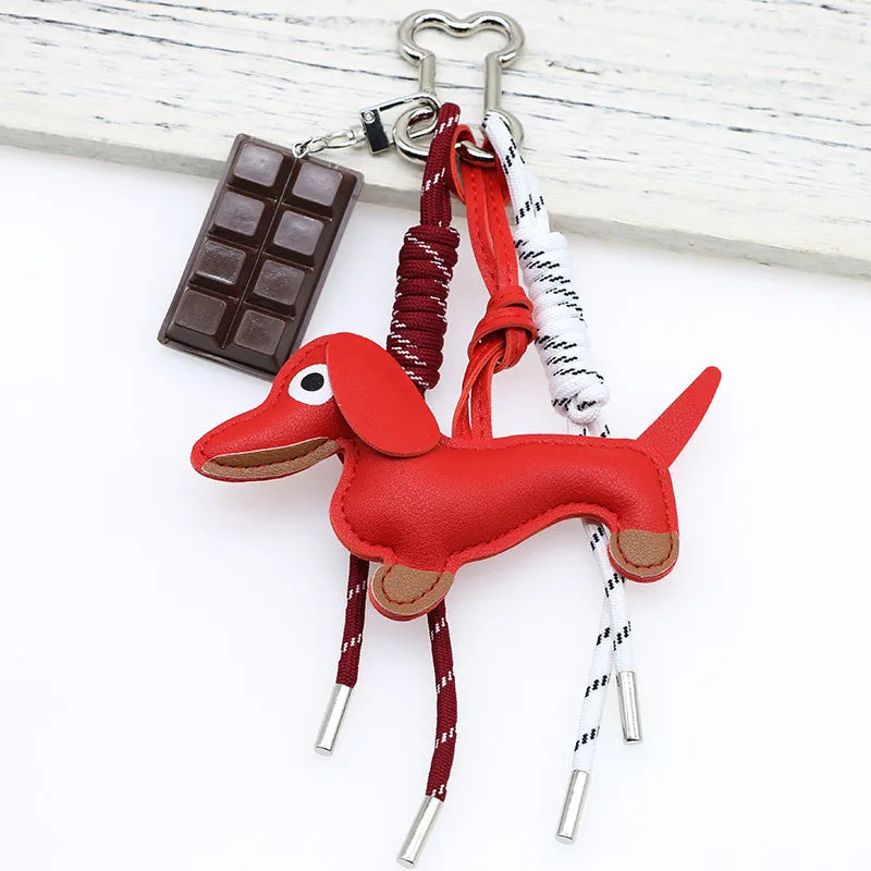 Dachshund Leather Bag Charm Keychain with Braided Rope & Chocolate Pendant