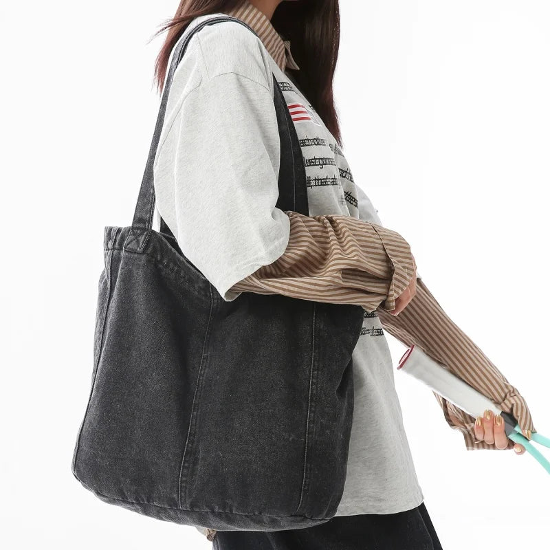 Washed Denim Tote Bag for Women – Large Vintage Shoulder Shopper Bag