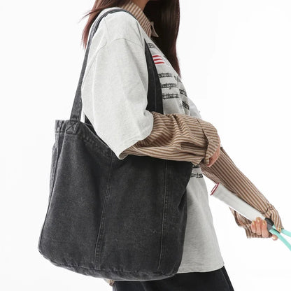Washed Denim Tote Bag for Women – Large Vintage Shoulder Shopper Bag