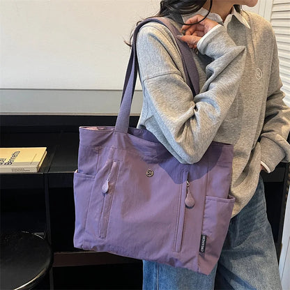 Large Canvas Tote Bag – Korean Style Multi-Pocket Shoulder Bag
