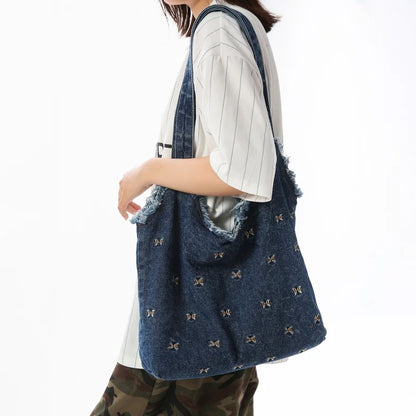 Denim Tote Bag – Frayed Edge Bow Embroidery Shoulder Handbag