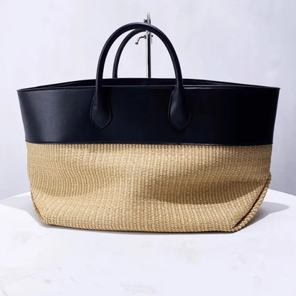 Straw & Leather Contrast Tote Bag – Large Beach Bag for Women