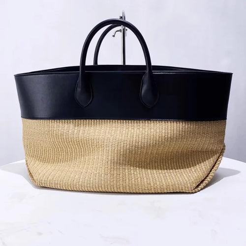 Straw & Leather Contrast Tote Bag – Large Beach Bag for Women