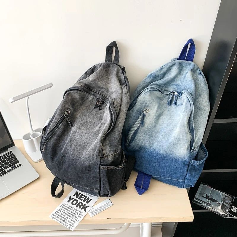 Washed Denim Backpack – Large Capacity School Bag