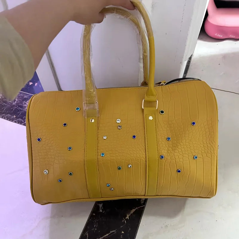 Crocodile Pattern Travel Handbag with Diamond Embellishments