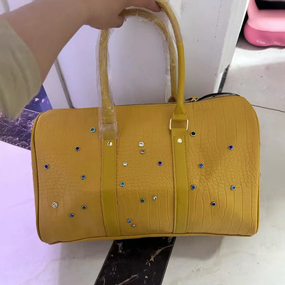 Crocodile Pattern Travel Handbag with Diamond Embellishments